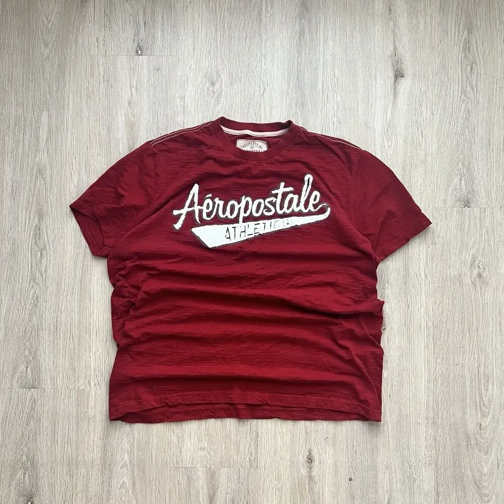 Vintage Y2K Aeropostale Athletics Embroidered Logo Graphic Tee Red Men's XL